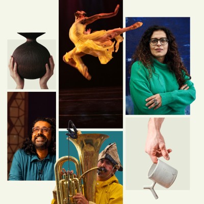 Collage of six artistic photographs including a dancer, musician, artist, and pottery