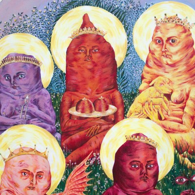 Colorful artwork showing six creatures with potato bodies and human faces