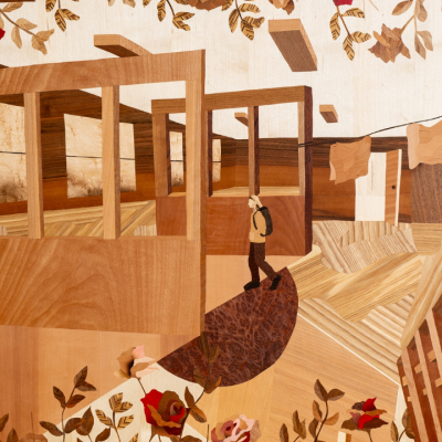 A detailed artwork shows two people in a geometric, wood-toned urban scene with large wooden structures. Vibrant flowers and hanging laundry frame the composition, blending natural and architectural elements.