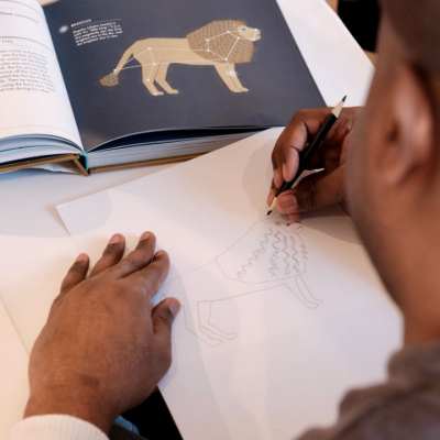 Person sketching a lion on paper while referencing a lion illustration in an open book.