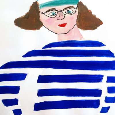 A self-portrait of Kirsten Ervin in paint. Kirsten wears a blue striped shirt and a green striped hat, glasses, and has curly brown hair.