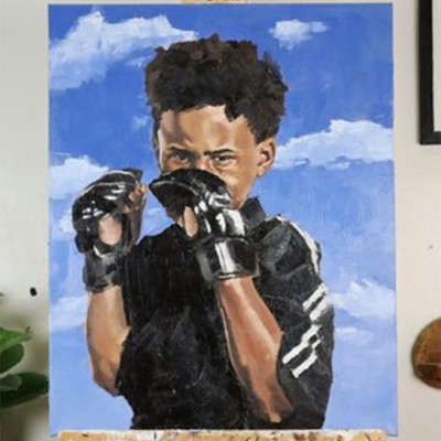 An oil painting of a Black boy holding boxing gloves in front of his face