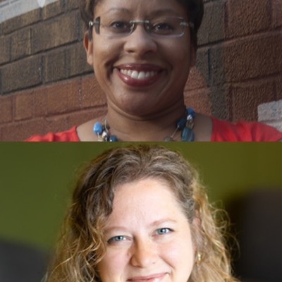 Two portraits Photoshopped on top of each other. On the top is a photo of a smiling Black woman with short brown hair who's wearing glasses, a blue necklace, and an orange shirt. On the bottom is a photo of a smiling white woman with blonde curly hair and a yellow shirt.