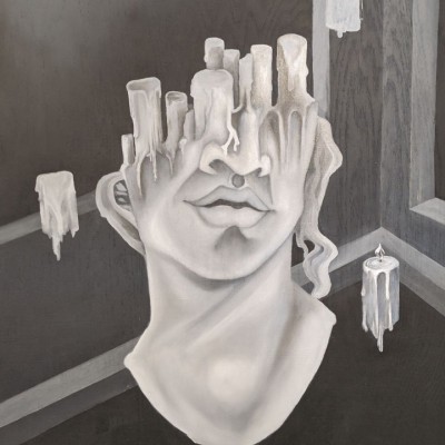 Black-and-white abstract artwork featuring half of a face with melting candles replacing the eyes and top of the head