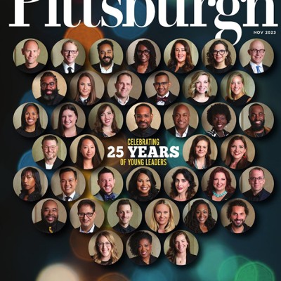 The cover image of Pittsburgh magazine's 2023 edition of its 40 Under 40 awards. 40 profile photos of young professionals are shown in circular frames with the words "Celebrating 25 years of young leaders"