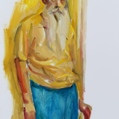 A painting of the artist, by the artist. In the portrait, Raphael is wearing blue pants and a yellow shirt. He has a long white beard and is wearing a brown cap. His expression is neutral. . 