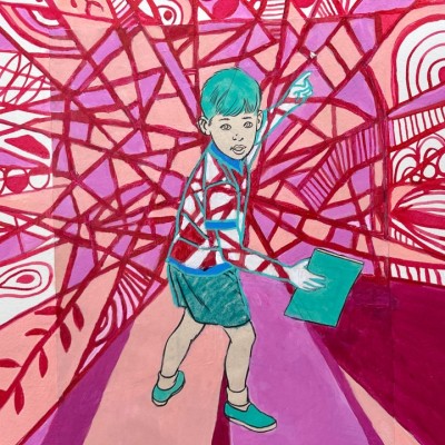 An illustration of a child in blue-green tones holds a book and gestures forward. He stands amid bold, red and pink abstract lines and patterns radiating outward, creating a dynamic, energetic background.