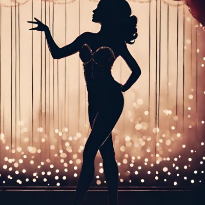 A silhouette of a dancer in high heels poses in front of a stage curtain