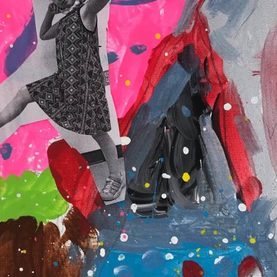A black-and-white cutout of a kid in a patterned dress is placed on a colorful abstract painted background with bright pink, blue, green, gray, and splattered paint accents.