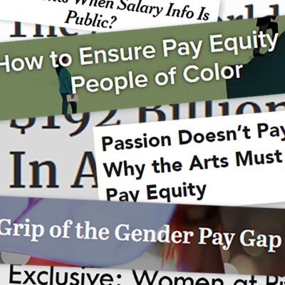 Headlines on pay equity cut out from online news articles and Photoshopped together. Headlines include "How to ensure pay equity for people of color," "Pay equity eludes even the art world," "Exclusive: Women at Pittsburgh nonprofits earn 85 cents on the dollar compared to men," and more