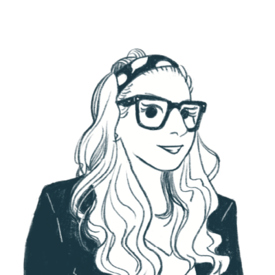 Sketch of a woman with long wavy hair, glasses, and a headband.