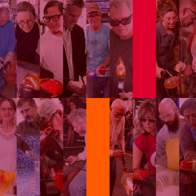 A grid of people making glass with a pink overlay.