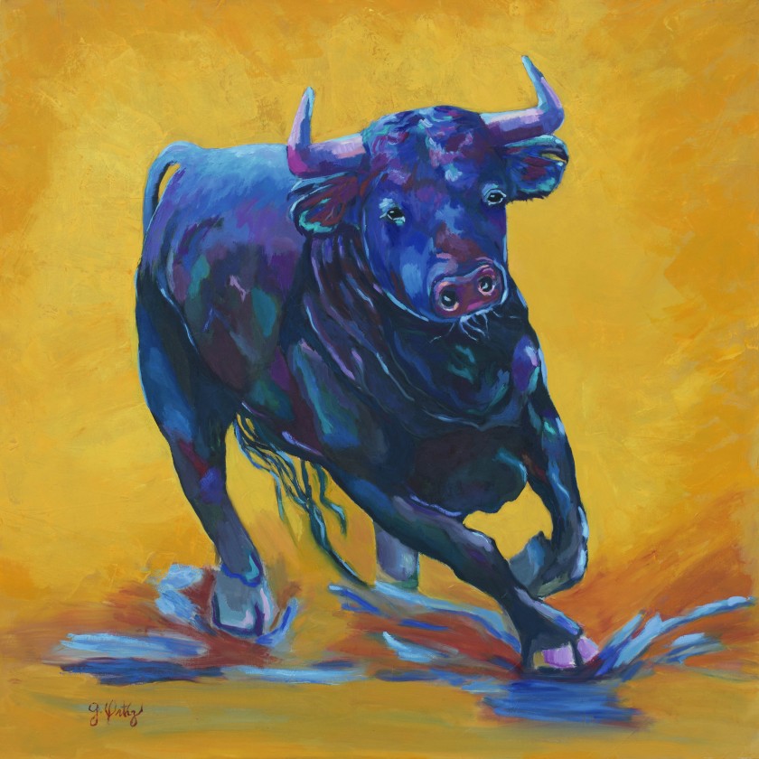 A bull charges through water, abstracted in the color blue against a golden background. Brush strokes to convey the bull are full of motion, quickly stroked across the canvas.