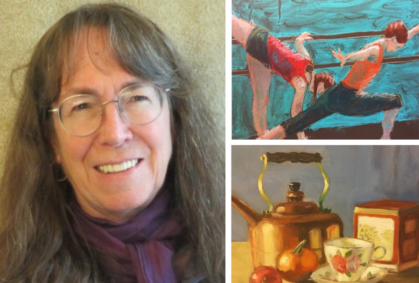 A collage of three images. On the left is a portrait of a woman with long brown and gray hair, with bangs. She's wearing glasses and a maroon scarf tied around her neck. On the right are details from two paintings. On the top are dancers stretching, on the bottom is a still life with a tea kettle, tea cup, and fruit.