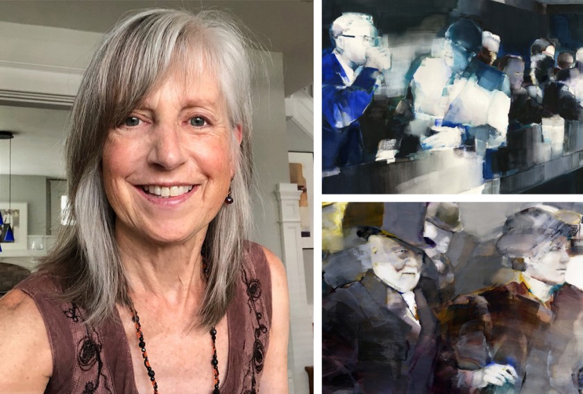 A collage of three images. On the left is a portrait of a smiling white person with shoulder-length gray hair and bangs. They're wearing a sleeveless maroon shirt and a necklace. On the right are two details of oil paintings. On the top is a scene from a bar, on the bottom is an old fashioned couple.