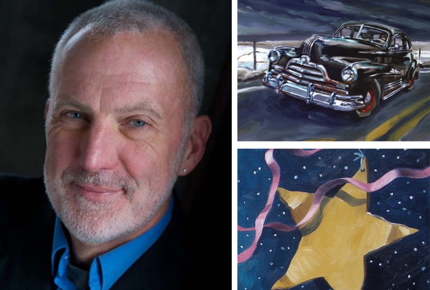 A collage of three images. On the left is a portrait of a smiling white man with gray hair and gray beard, wearing a bright blue collared shirt and a black suit jacket. On the right are two details of paintings, one shows a vintage automobile and the other a yellow star