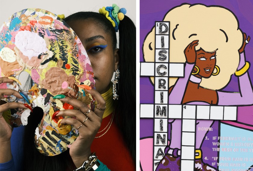 A collage of two images. On the left is a portrait of a Black woman with a long side ponytail. Her face is mostly obscured by a colorful paint palette she's holding up in front of her. On the right is a detail of a colorful pop culture piece showcasing a Black Barbie doll and a crossword puzzle. 