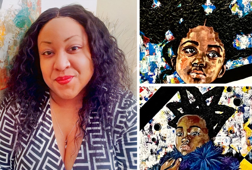 A Black woman poses smiling next to a collage of two details of acrylic paintings featuring Black girls