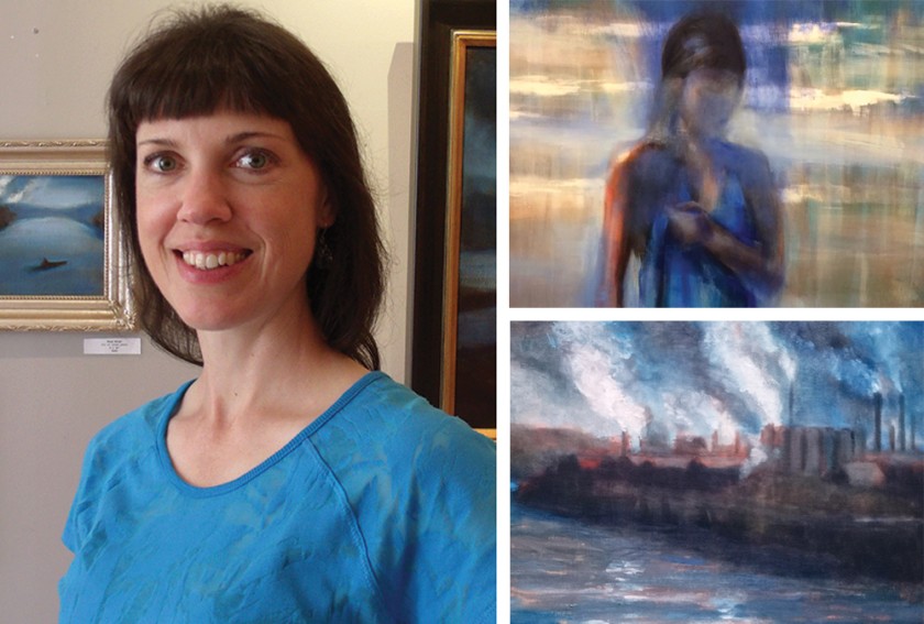 A white woman with shoulder length brown hair and bangs, wearing a blue shirt, is pictured next to details of two paintings