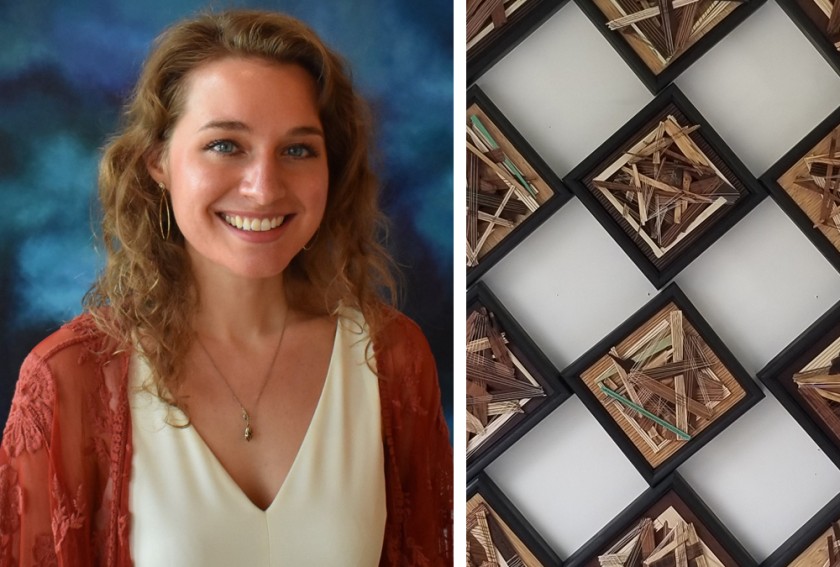 A smiling person with shoulder-length blonde hair wearing a white v-neck shirt and a rust-colored cardigan. They're pictured next to a cropped image of a piece of artwork containing repeated patterns
