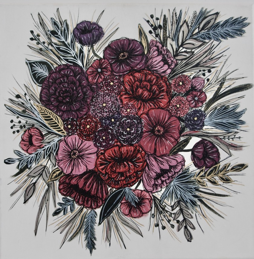 An illustration of a bouquet of red, purple, and pink flowers, emanating from the center of a grey space.