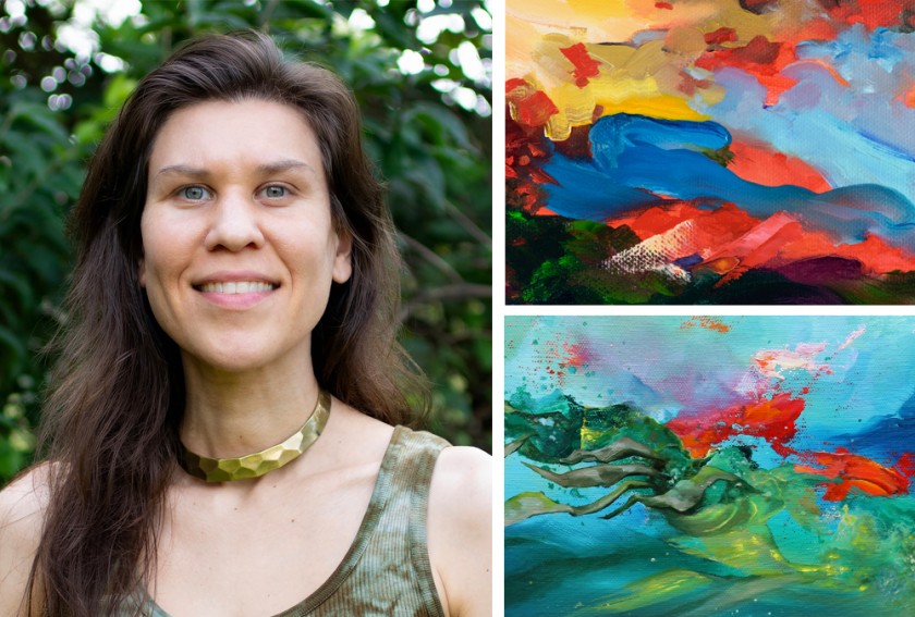 A white woman with long brown hair, a gold necklace, and a green tanktop is pictured beside details of colorful artwork