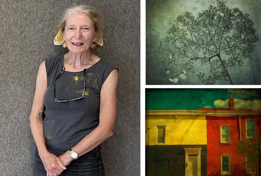 A woman with gray hair pulled back by a scarf, wearing dark pants, and a sleeveless gray top, with dark sunglasses hanging around her neck with a chain. Two paintings are in a collage beside her: one of a tree, the other of red-and-yellow houses