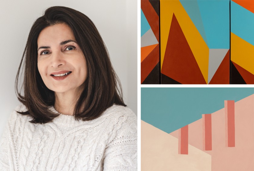 A smiling woman with brown hair next to a collage of details from abstract paintings