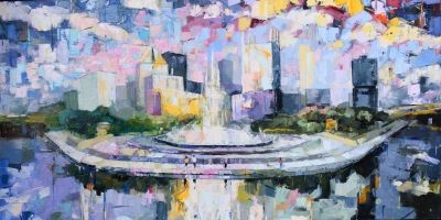 An impressionistic painting of the Point fountain and Pittsburg's skyline as seen from the water.