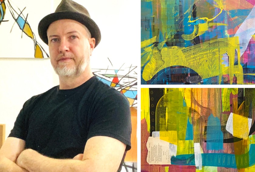 A white man with a goatee, black T-shirt, and dark hat is pictured next to details of colorful artwork