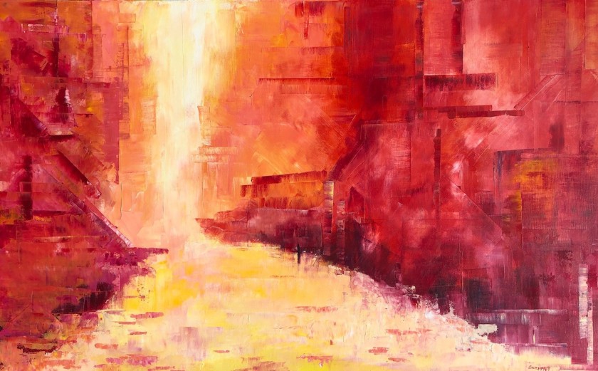 A red, yellow, and pink abstract painting. The bright, light-like yellows travel down the center of the image, and open up like a street at the bottom. The brush strokes are angular, as if done by a palette knife.