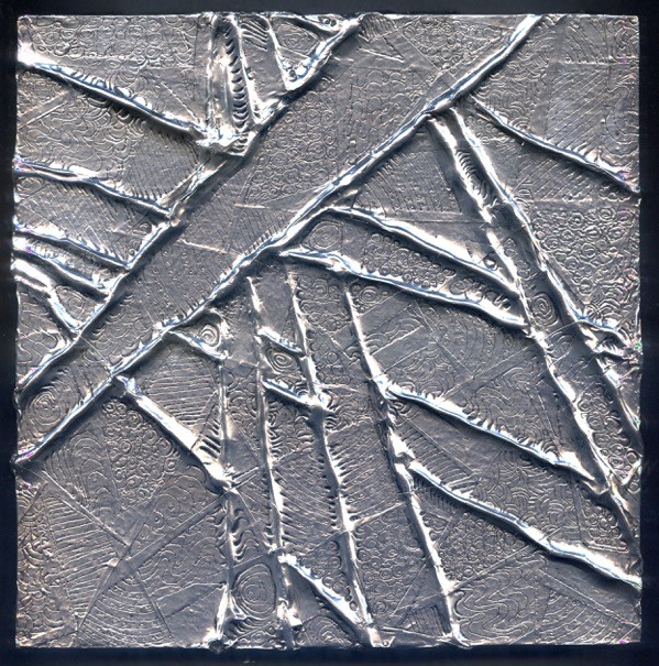 A grey layering of texture and metalic pigment, where lines overlap one another.