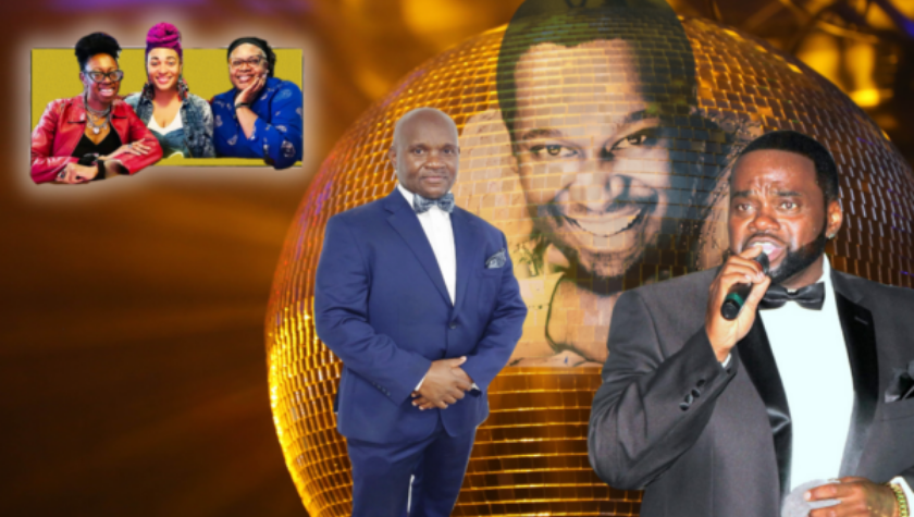 Three women pose together; two men in tuxedos with a large disco ball backdrop.