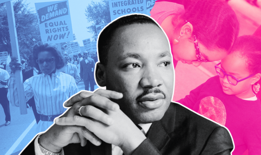 Martin Luther King Jr. portrait with civil rights march and family in the background.