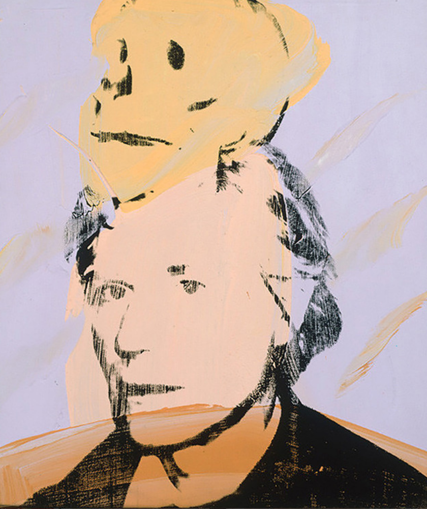 A painted portrait shows a mans face in muted tones, overlaid with a bright yellow, abstract skull. Bold brushstrokes create a layered effect, blending the features of the man and the skull against a pale background.