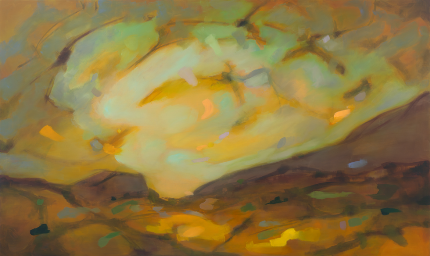 Abstract painting with swirling yellow, green, and brown shapes blending softly together.