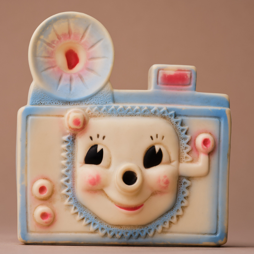 A vintage toy camera with pastel blue and pink accents, featuring a smiling face with blushing cheeks, big eyes, and a nose on the front. The design is playful and whimsical against a plain background.