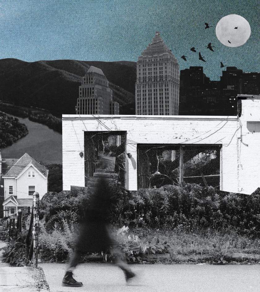 Artwork depicting a blurry figure walks past a white building, with a city skyline and full moon in the background.
