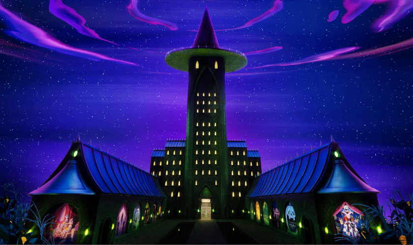 A tall, fantastical castle with glowing windows stands under a vibrant purple night sky swirling with stars and streaks of light, flanked by two wings and reflected in still water below.