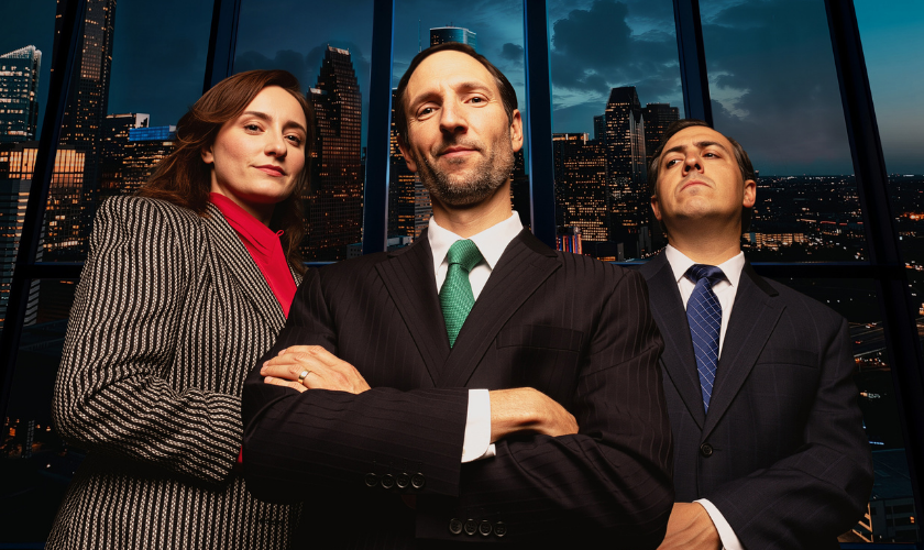Three confident business professionals in suits stand in front of a large window overlooking a city skyline at dusk, with arms crossed and serious expressions.