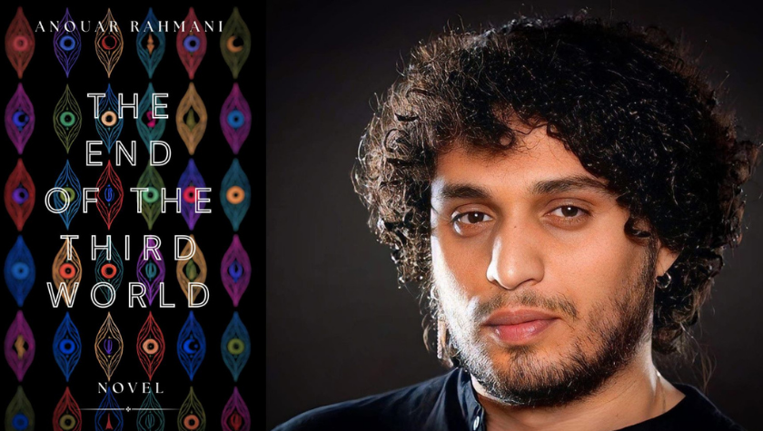 A book cover titled The End of the Third World by Anouar Rahmani is shown on the left, featuring colorful geometric patterns. On the right is a portrait of a man with curly hair and a trimmed beard.