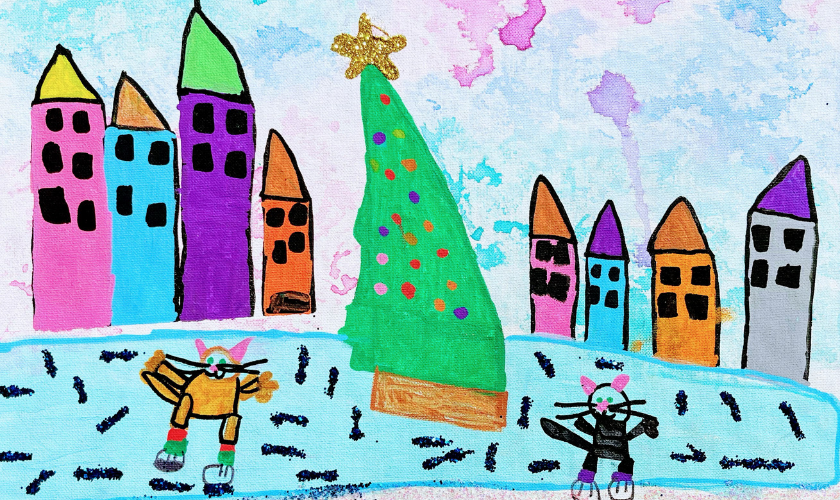 Children’s drawing of cats ice skating near a Christmas tree in a cityscape.