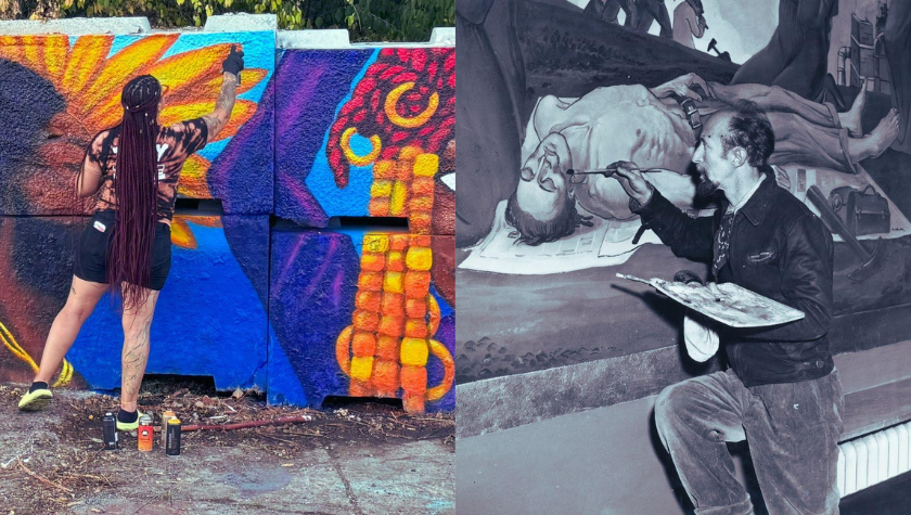 Two artists, one painting a mural outdoors, one painting a mural indoors.