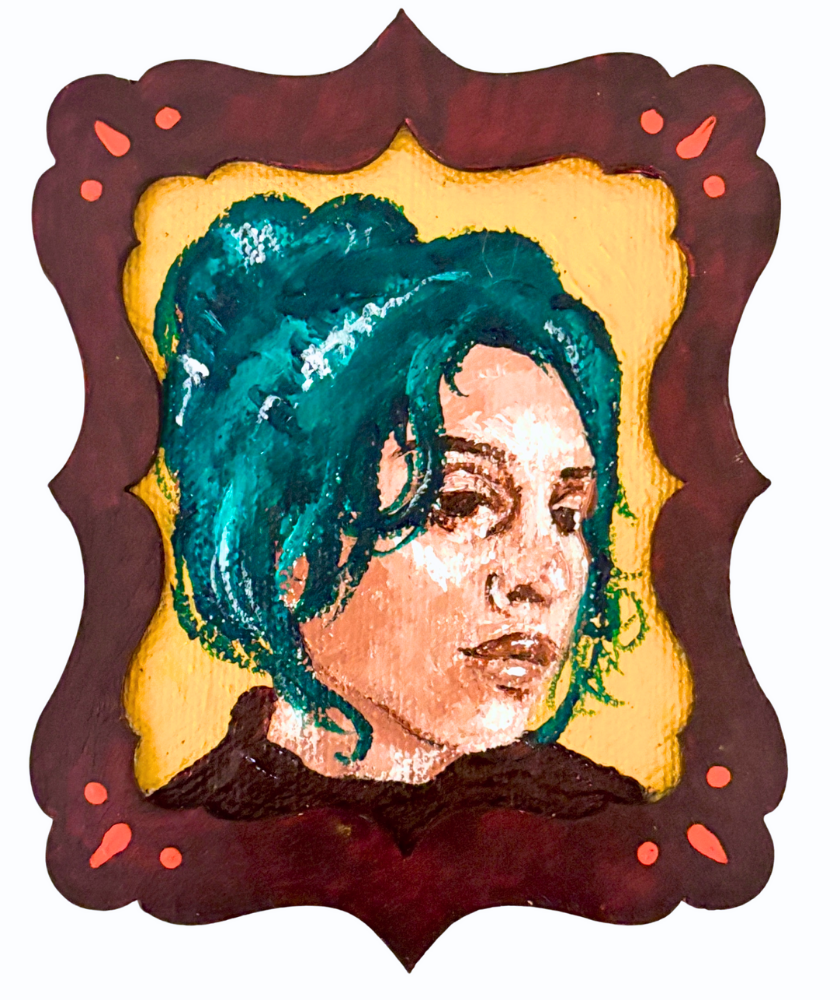 Painting of a woman with teal hair in a decorative maroon frame with yellow background.