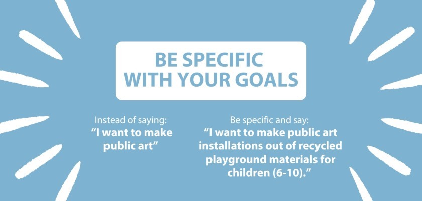 Be Specific With Your Goals. Instead of saying, "I want to make public art," be specific and say, "I want to make public art installations out of recycled playground materials for children (6-10)."