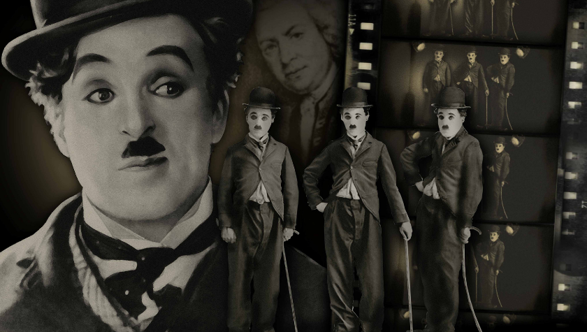 Black-and-white collage of Charlie Chaplin in various poses and film stills.