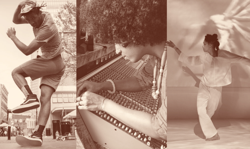 Three people: one jumping outdoors, one adjusting knobs on a large audio mixing console, one dancing in a studio.