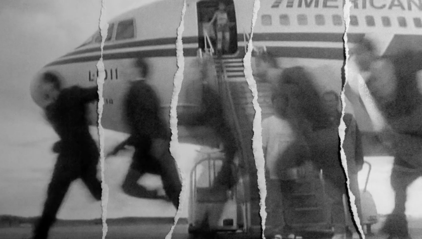 Black and white photo of people running near an airplane with torn paper effects.