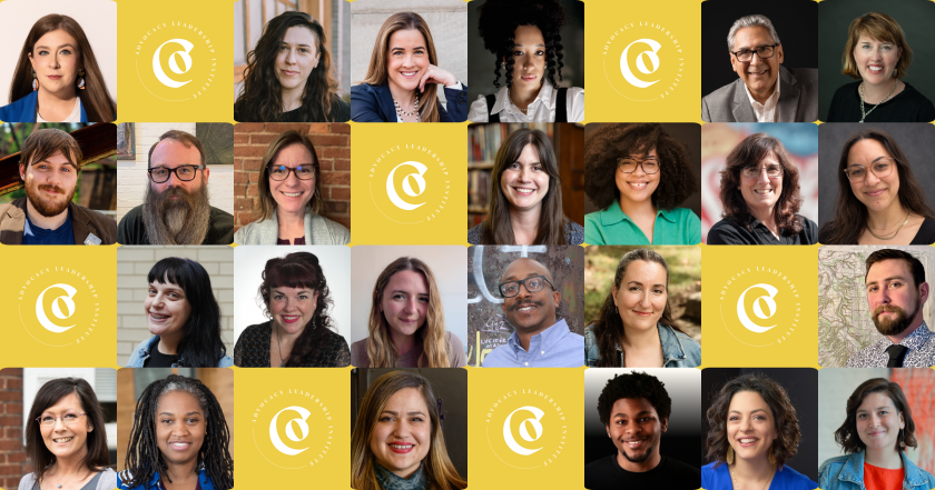 headshots of 25 people against a yellow background with a logo for the Advocacy Leadership Institute