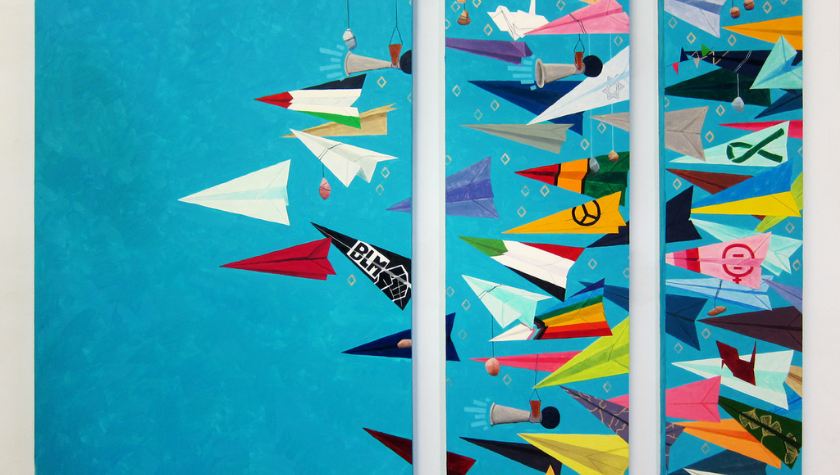 Colorful paper airplanes fly against a bright blue background in three painted panels.